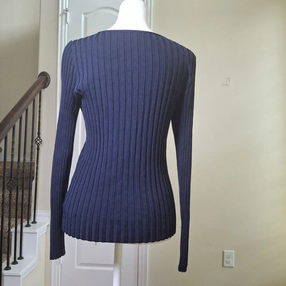 Veronica Beard Clara Ribbed Top Navy M Square Neck Dark Academia Preppy Coquette